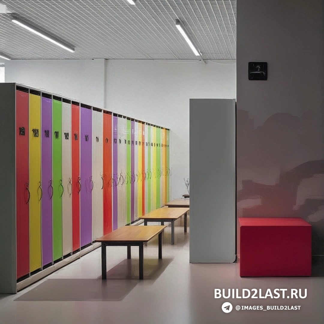 Холл школы с диваном и креслом мешком, выполненный в авангардном стиле с акцентами красного, зелёного и голубого.